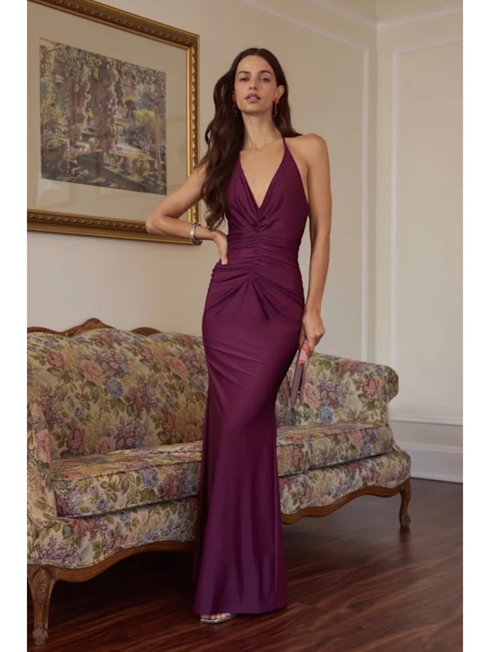 NWT Lulus Zaniya Plum Ruched Halter Backless Maxi Dress XS